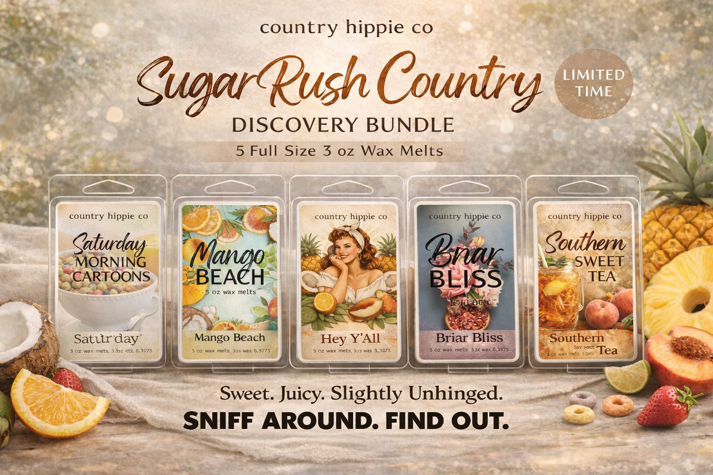 Sugar Rush Country Wax Melt Bundle – Fruity & Sweet Southern Scent Set – 5 Full Size 3 oz Melts – Limited Time Discovery Collection