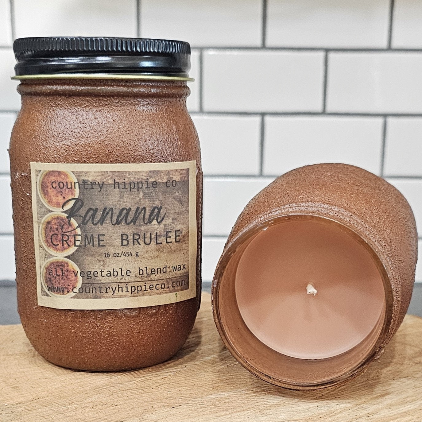 16 oz. BANANA CREME BRULEE Primitive Rustic Farmhouse Jar Candle