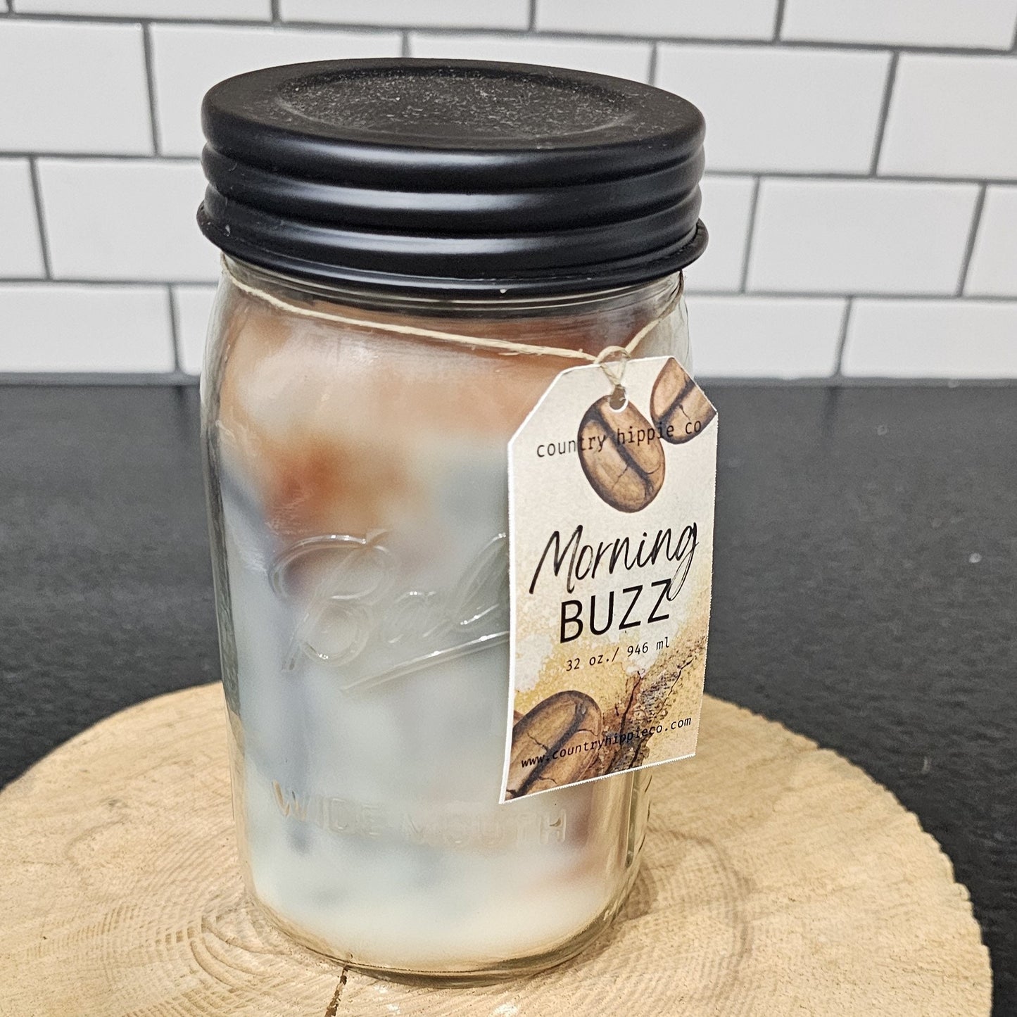 32 oz. MORNING BUZZ (Black Coffee) Marbled Quart Mason Jar Candle