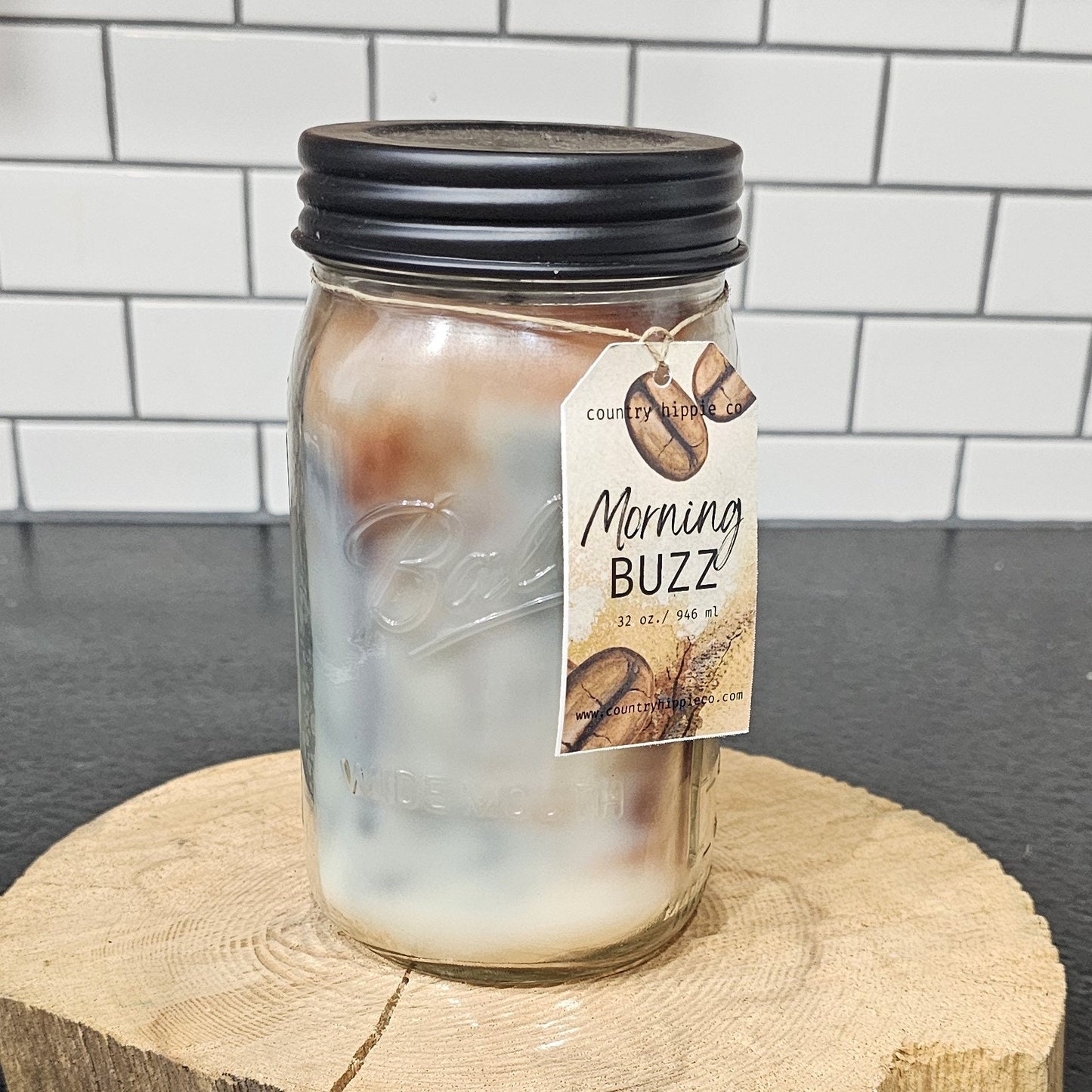 32 oz. MORNING BUZZ (Black Coffee) Marbled Quart Mason Jar Candle